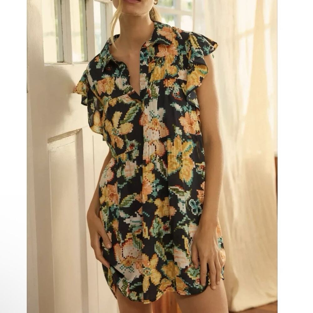 Anthro Maeve Pixel Floral Mini Dress Ruffle Sleeve Collared Boho Size S